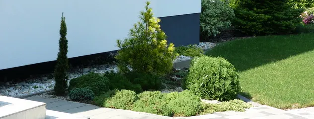 Well-kept lawn, evergreens and a gravel strip beside a modern building